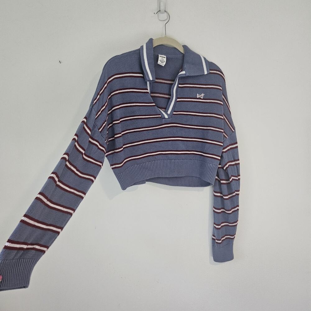 V.S. PINK Cambridge Knit Polo Sweater Iris Medium EUC Cute Sexy Victoria's Secre